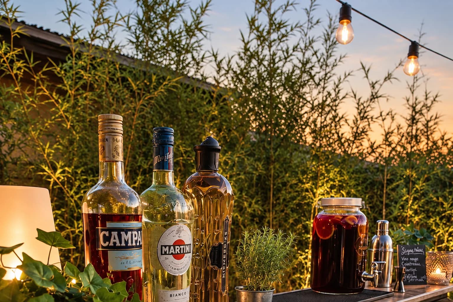 Bar mobile Hope à la tombée de la nuit : bouteilles, sangria et guirlande lumineuse