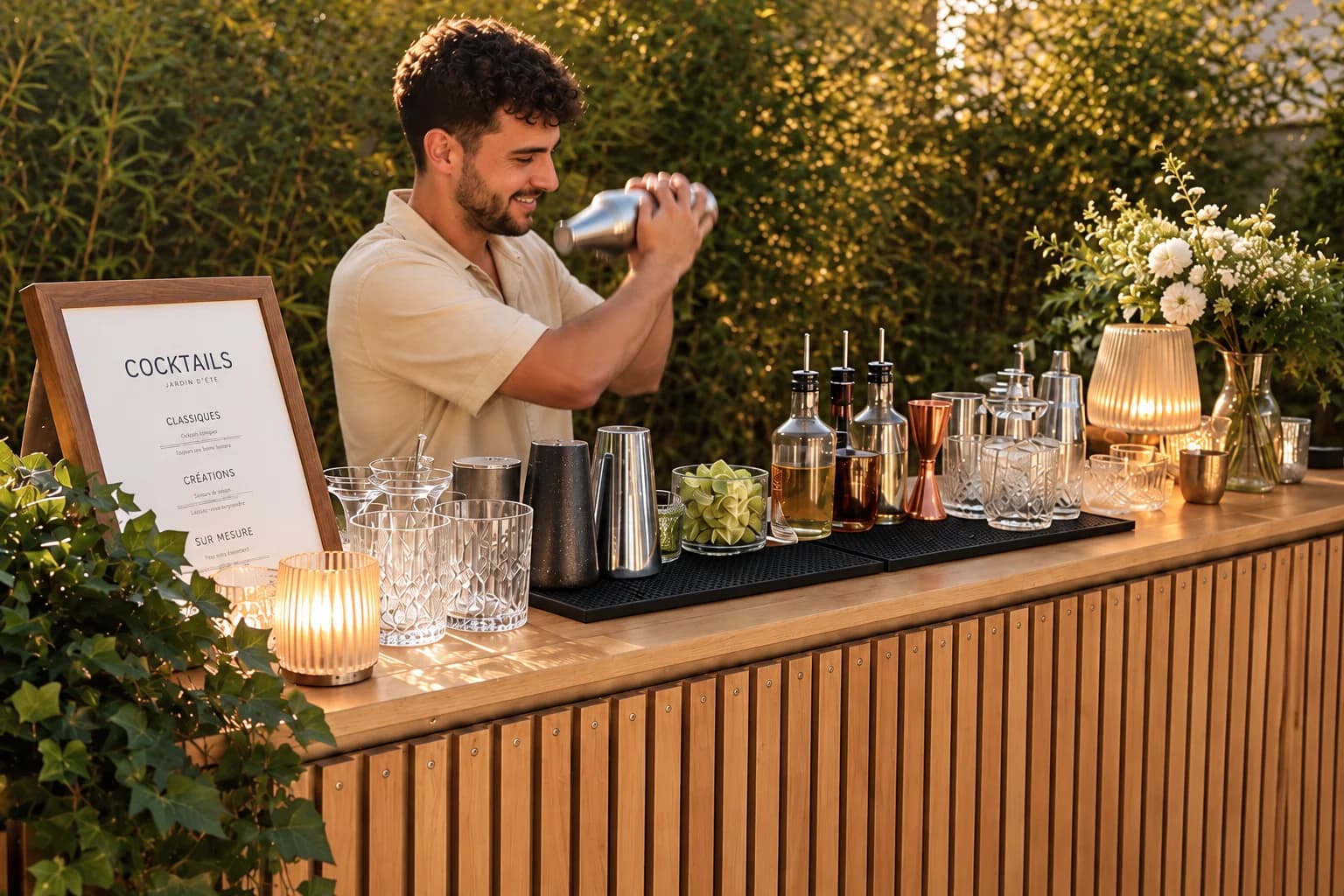 Bar mobile Hope installé en extérieur : comptoir en bois, carte des cocktails et barman au shaker