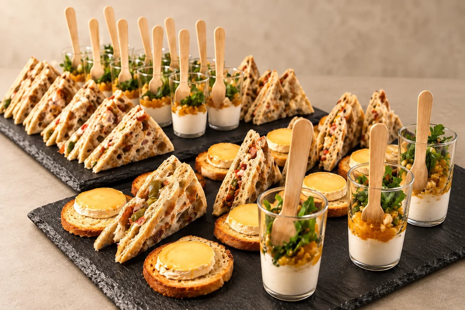 Assortiment de pièces cocktail salées : verrines, toasts au chèvre et pains polaires