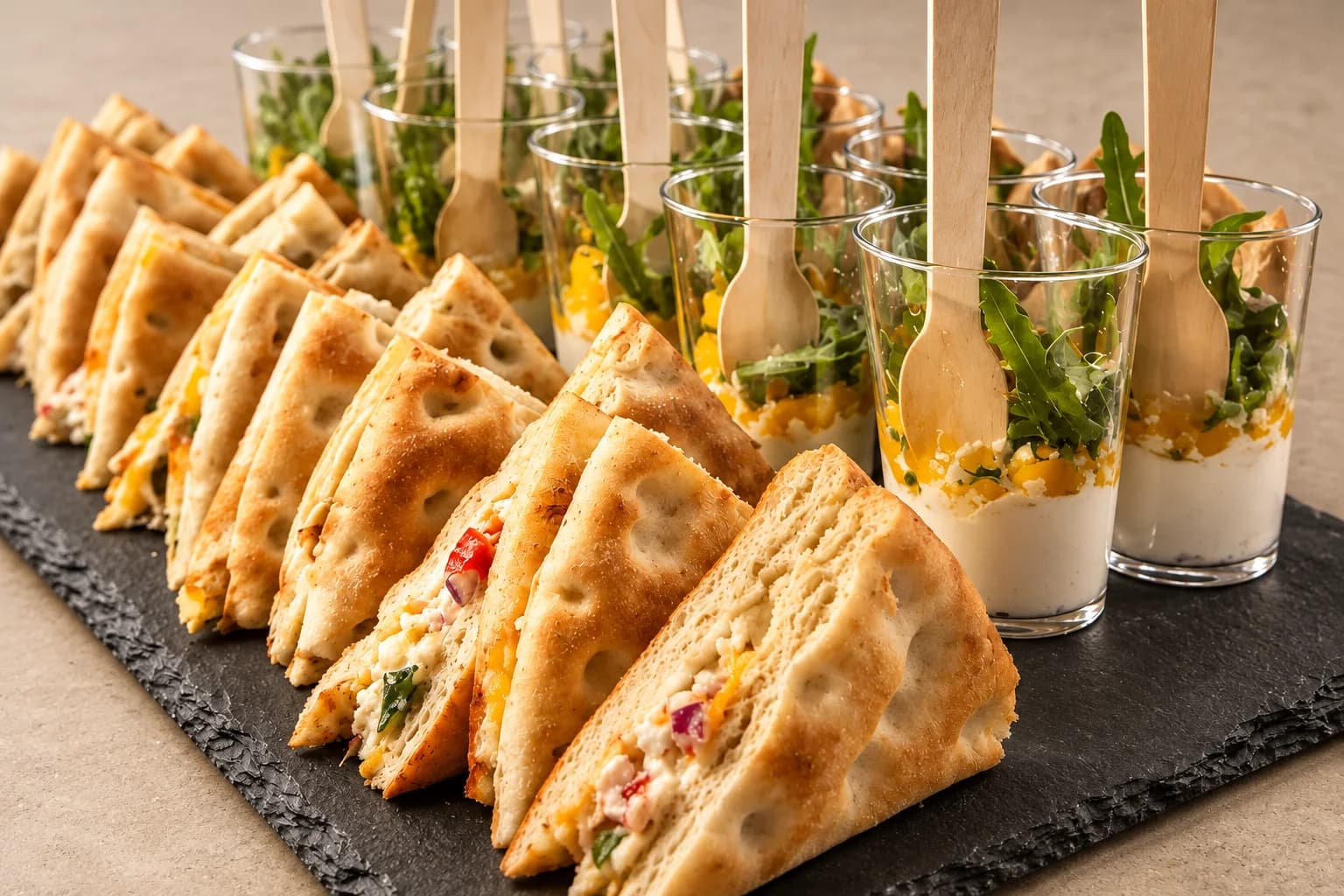 Pièces cocktail Hope Traiteur : pains polaires et verrines dressés sur ardoise