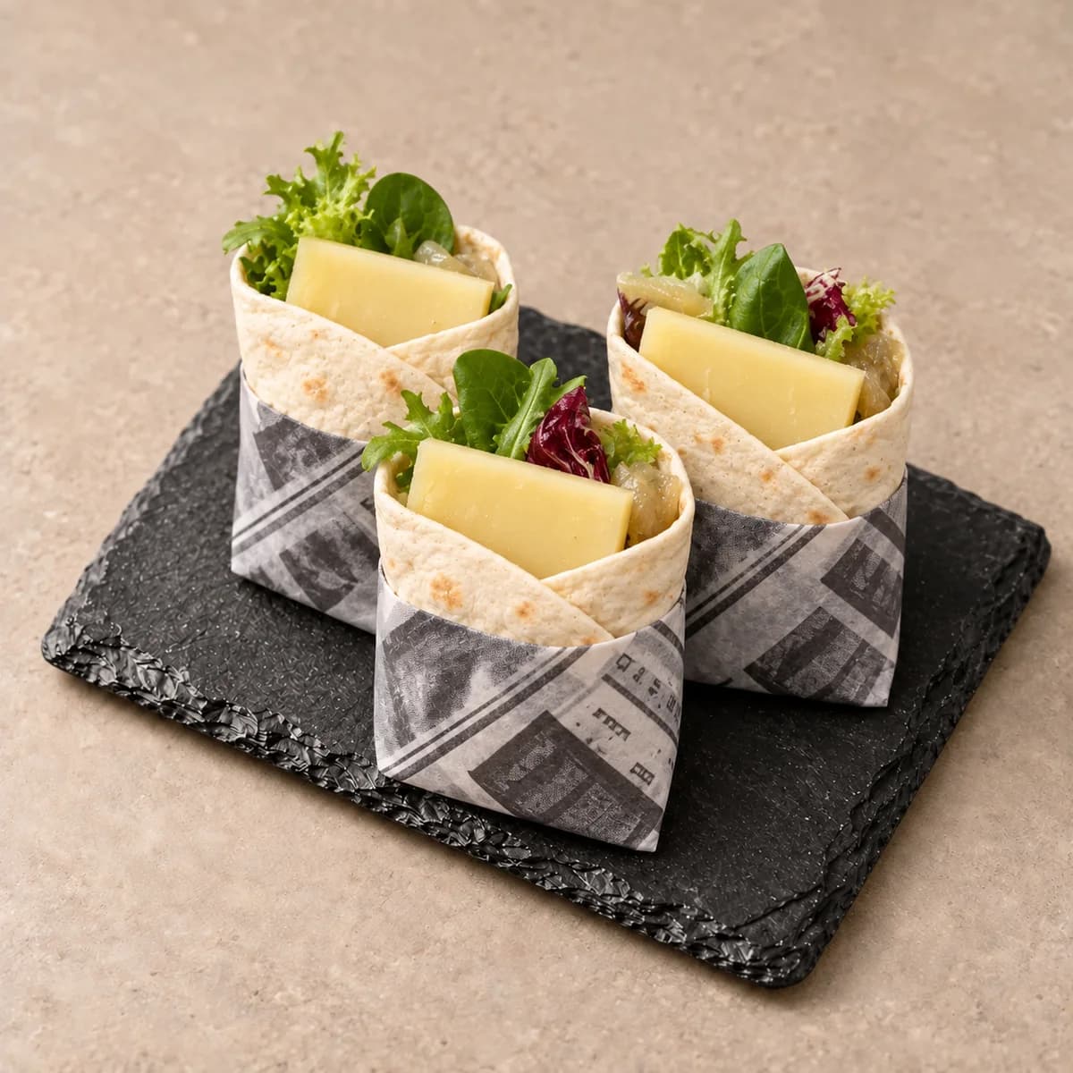 Mini wraps au comté dans leurs papiers de service, présentés sur une ardoise